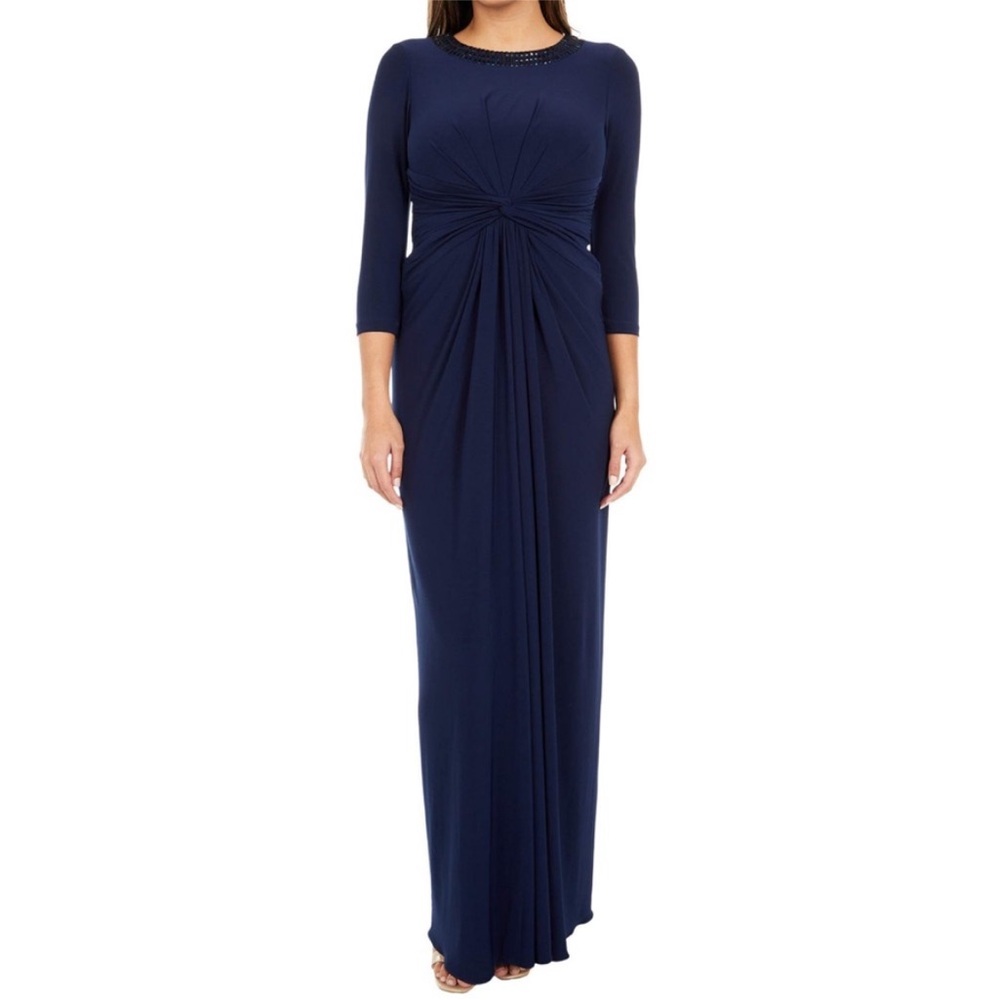 Adrianna Papell Navy Embellished Cutout Back 3/4 Sleeve Gown Women Size 16